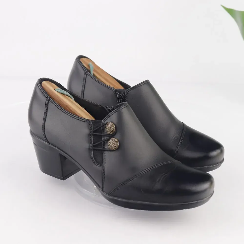 Clarks Womens Emslie Warren Boot Size 7 M Black Leather Block Heel Button Bootie